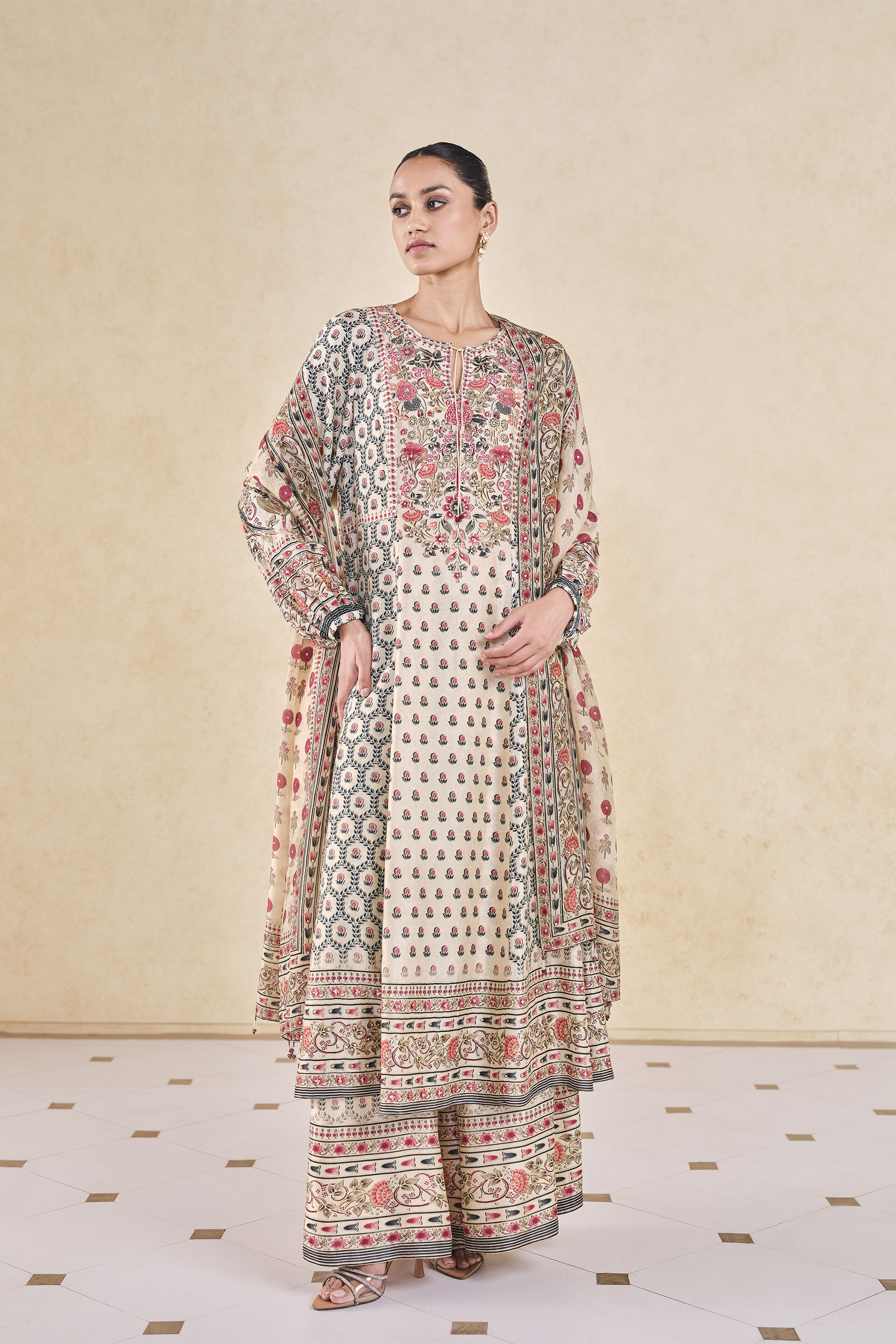 Demoiselle Printed Sequin Silk Suit Set - Cream